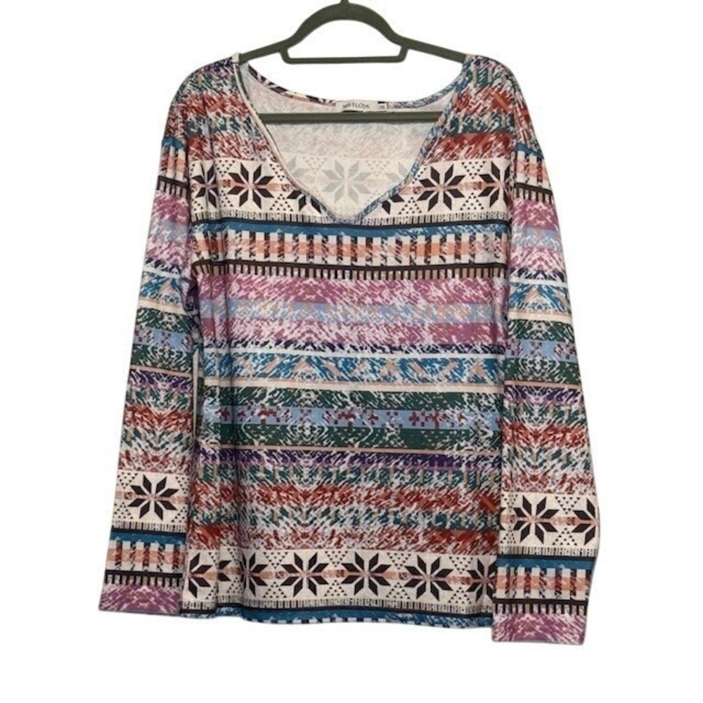 Misslook Womens Multi Color Fair Isle Snowflake Print Scoop V-Neck Top Size L - Picture 2 of 4